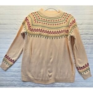 Fair Isle Mock Neck Sweater Womens Medium Cream Multi Excellent‎ Knit